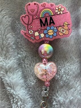 Pink Glitter 'MA' Nurse Badge Reel with Heart Charm